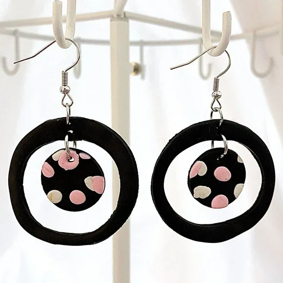 Polka Dot Hollow-Out Round Polymer Clay Dangle Drop Earrings - Picture 4 of 6